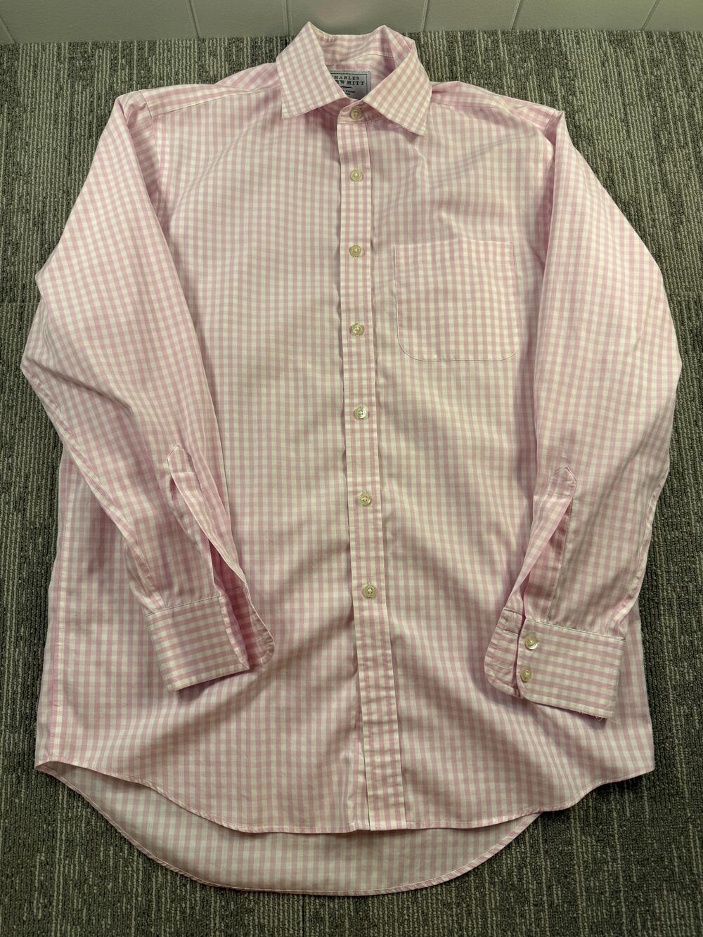Charles Tyrwhitt Shirt Mens 15.5 35 Pink White Gingham Non‎ Iron Long Sleeve